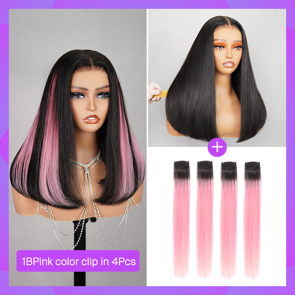 4Pcs 16Inch Pink Straight Human Hair Clip-In Extensions With  display picture 3