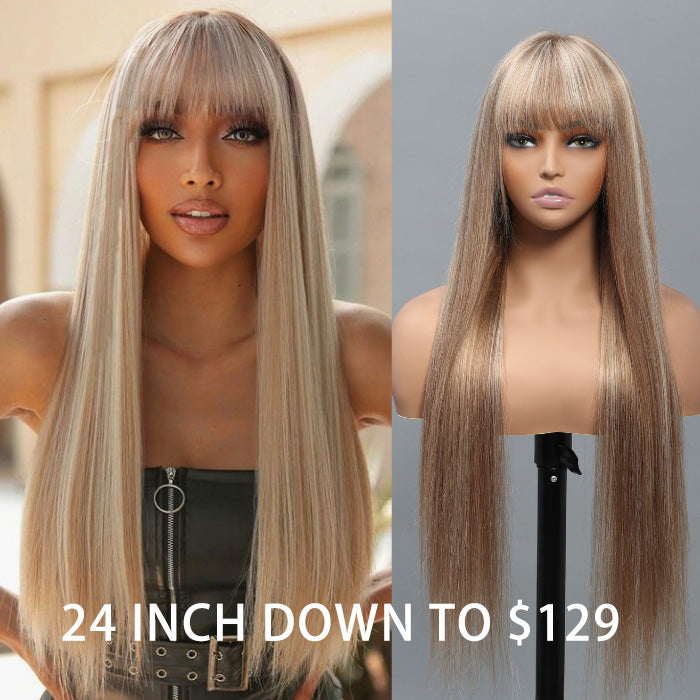 Long Straight Hair with Trendy Bangs 13x4 Lace Front Glueless Wig, 26 Inches