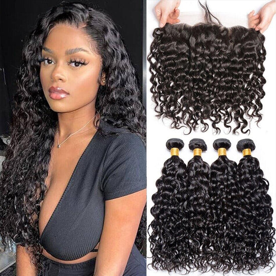 Megalook Water Wave 3Bundles Virgin Human Hair With 13*4 Ear to Ear Lace Frontal Closure 10A Grade Deal