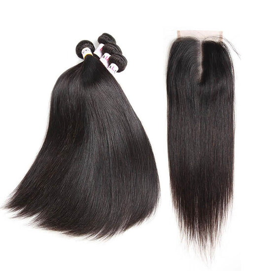 Megalook Top Quality 12A Grade Virgin Brazilian Hair Straight Human Hair 4 Bundles with 4x4 Transparent Lace Closure