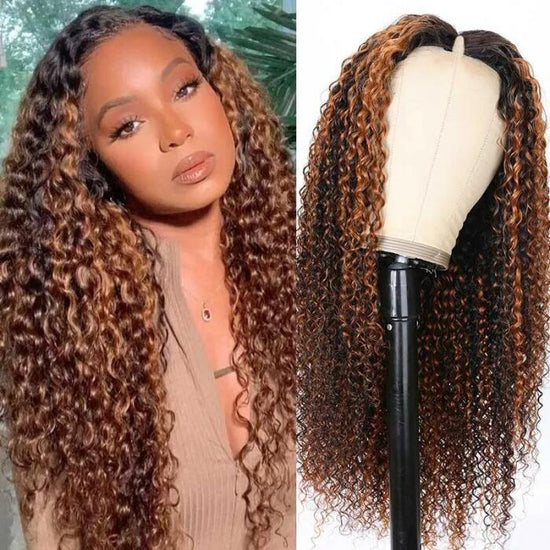 Highlight F30 Curly Glueless V Part 0 Skill Needed Wig Natural Scalp Curly Human Hair Upgrade U part Wig Without Leave out