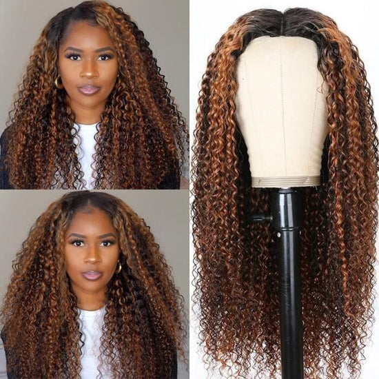 Highlight F30 Curly Glueless V Part 0 Skill Needed Wig Natural Scalp Curly Human Hair Upgrade U part Wig Without Leave out
