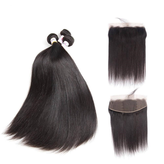 Megalook 10A Grade 3 Bundles Brazilian Straight Hair With 13*4 Ear to Ear Lace Frontal Closure
