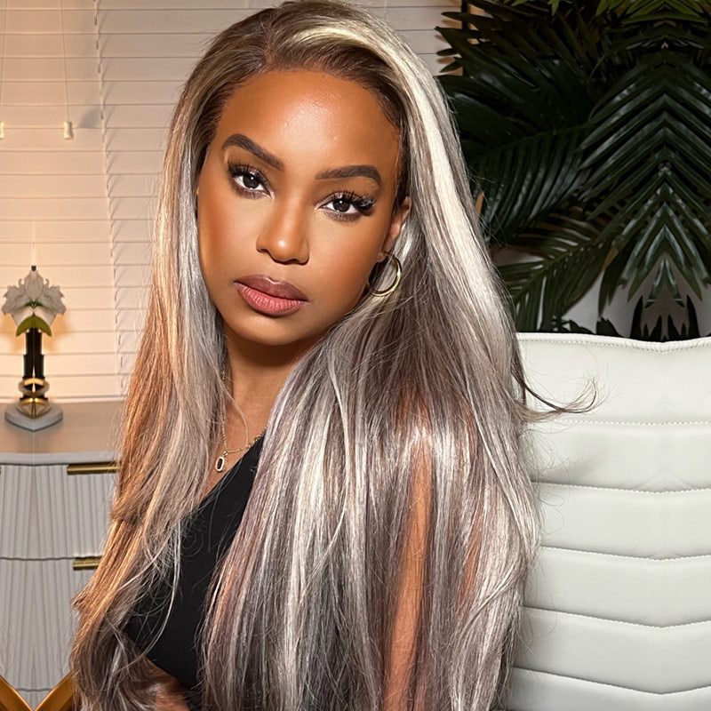 Highlight Grey Wig Human Hair Body Wave Lace Front Wig With Grey Highlights  Human Hair 4x4 Grey Highlight Lace Front Wig Human Hair Platinum Blonde  Highlight Wig For Black Women Hair 16