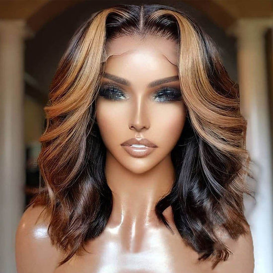Megalook 5x5 HD Lace Highlight Wavy Bob Closure Wig 13x4 Lace Front Human Hair Wigs