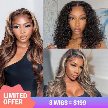 $199=3 Wigs | 22inch 4x4 Lace Closure Piano Highlight Body Wave +  8inch Water Wave Bob Wig 180% Density + 16inch 5x5 Lace Closure Balayage Highlight Body Wave