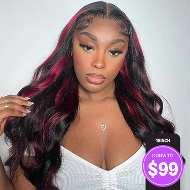 (Super Deal)18inch New Dark Burgundy With Rose Red Highlights 13x4 Lace Front Hand Curls Wig