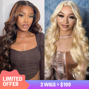 $199=2 Wigs | 18inch 13X4 Lace Frontal Wig #613 Blonde Loose Body Wig Plus 18inch 13x4 Pre-All Wig 1BP30 Highlight Body Wave 180% Density
