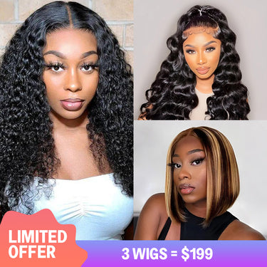$199=3 Wigs | 20inch 4x4 Lace Wig Jerry Curly + 16inch Pre-Cut Glueless 5x6 Lace Closure Loose Body + 10inch 13x4 Lace Balayage Highlight Straight Bob Wig
