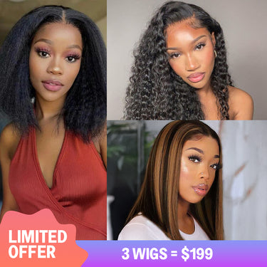 $199=3 Wigs | 18inch 4x4 Lace Closure Water Wave Wig + 12inch 13x4 Lace Bob Wig 1BP30 Color + 12inch 360 Lace Frontal Yaki Straight Virgin  Hair
