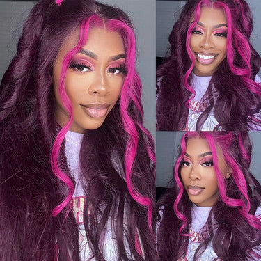 13x4 Lace Front Side Part Highlight Money Piece Pink Purple Human Hair Wig Hd Transparent Lace Body Wave Wig