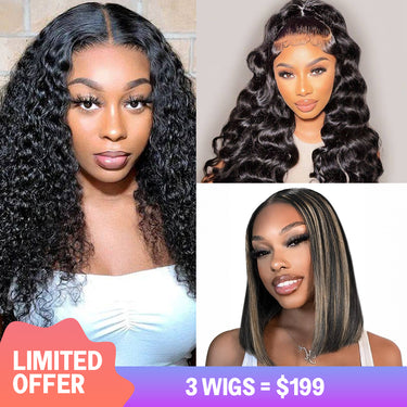 $199=3 Wigs | 20inch 4x4 Lace Wig Jerry Curly + 16inch Pre-Cut Glueless 5x6 Lace Closure Loose Body + 10inch 13x4 Lace Balayage Highlight Straight Bob Wig