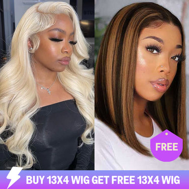 Limited-Time Offer-13x4 Lace Pre-Plucked #613 Loose Body Wave+13x4 Lace #1BP30 Straight Bob Wig