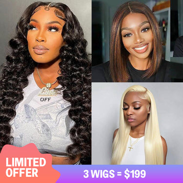 $199=3 Wigs | 18inch Easy Wear And Go 6X5 Loose Curly +  10inch Glueless 6x5 Lace Closure #613 Blonde Straight  + 12inch 13x4 Lace Frontal 1BP30 Color Bob Wig Straight