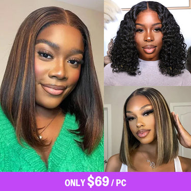 Megalook $69 Final Deal Price 6x5 Glueless Pre-Cut Lace Balayage Highlight Straight/Curly Bob Wig
