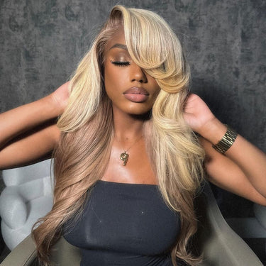 Megalook 13x4 Lace Front Champagne and Brown Ombre Colored 6x5 13x6 Wear Go Glueless Wigs Caramel Macchiato Loose Body Wave Wigs