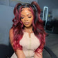 Megalook Bogo Free New Dark Burgundy With Rose Red Highlights 13x4 Lace Front Hand Curls Wig