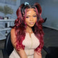 New Dark Burgundy With Rose Red Highlights 13x4 Lace Front Hand Curls Wig
