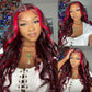 New Dark Burgundy With Rose Red Highlights 13x4 Lace Front Hand Curls Wig