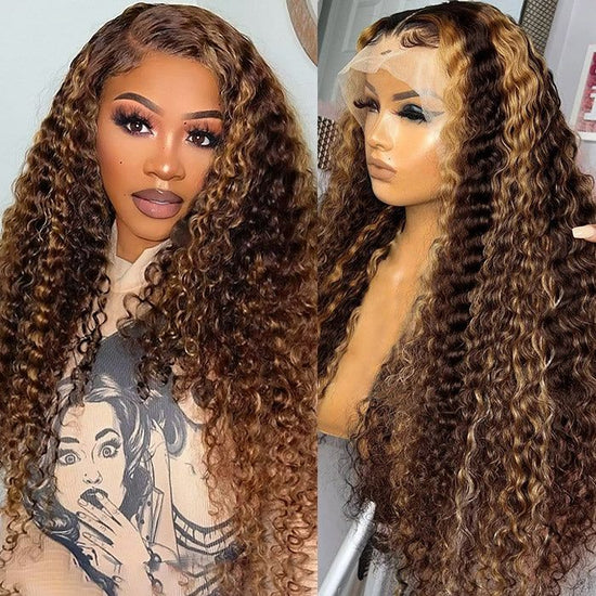Deep Curly Balayage Highlight Honey Blonde Human Hair Wigs 13x4 Hd Transparent Lace Front Wigs
