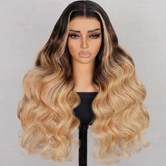 (Super Sale)Megalook Honey Blonde Money Piece Highlights Brown Ombre Glueless 6X5 Glueless Lace Wig Loose Body Wave Human Hair Wigs