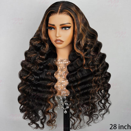 (Super Sale)Megalook 13x4 Lace Front Long Mixed Brown Black Loose Wave Pre-plucked Glamorous Wigs