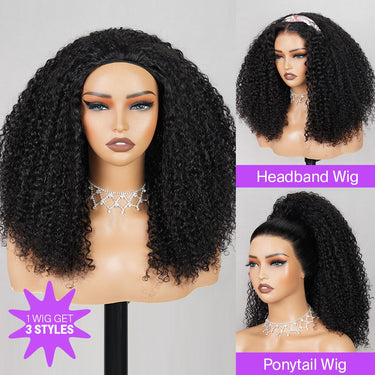 Megalook 3 In 1 Half Wig 210% Density Kinky Curl Wear & Go Drawsting Band Seamless Clip Ins Human Wig No Glue Need Wig