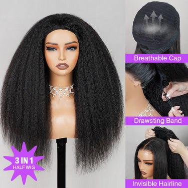 Megalook Yaki Straight Human Hair Wig 210% Density 3/4 Half No Glue Easy To Install Wig