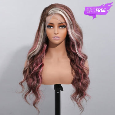 Megalook Bogo Free 22 inch Side Part Brown Hair With Barbie Pink/613 Blonde Mixed Highlights Body Wave 13x4 Lace Front Human Wigs