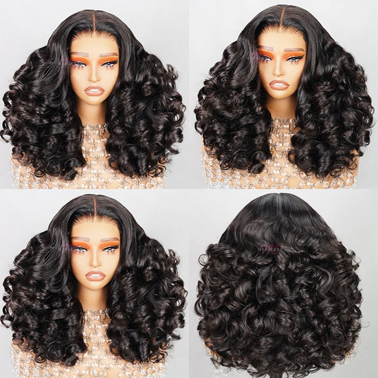 (Super Deal)Megalook Salon-Quality Luxurious Bomb Funmi Curly Bouncy Wavy 6 Inch Deep Part Hairline Thick Layered Bouncy Wavy Glueless Lace Small Curl Miny Knots Egg Curl Wig