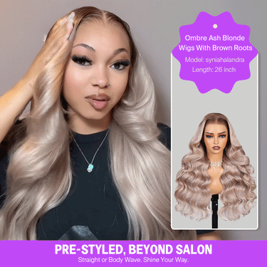 Megalook Ombre Ash Blonde All Pre-Styled Upgrade 13x6 ProAngle™ Frontal Pull Go Wig 250% Density Deep Free Parting Without Glue