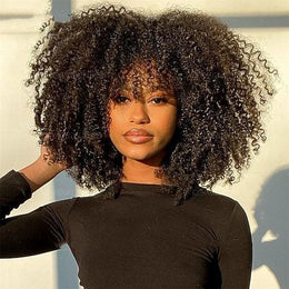 P4/27 Natural Color Curly Wig With Bangs NON-Lace Virgin Human Hair Wi ...