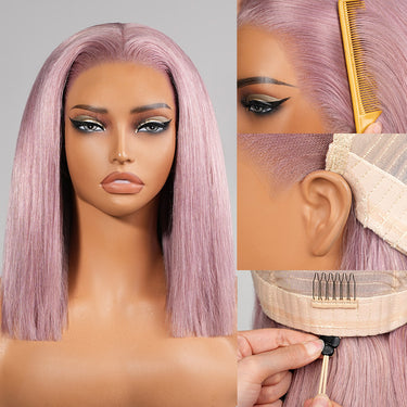 Megalook Ash Purple Short 13x5 Bob Wigs Human Hair Straight 12 Inch Pre-Cut Lace Frontal Wig With C-Shape Ear Design