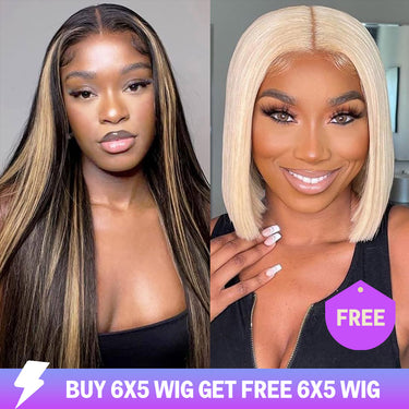 Limited-Time Offer-Glueless 6X5 Lace Wig Balayage Silky Straight Highlight+6x5 Wear Go #613 Straight Bob Wig