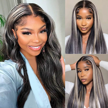 30 inch Grey And Black Hair 13x4 Body Wave Lace Front Wig  display picture 1