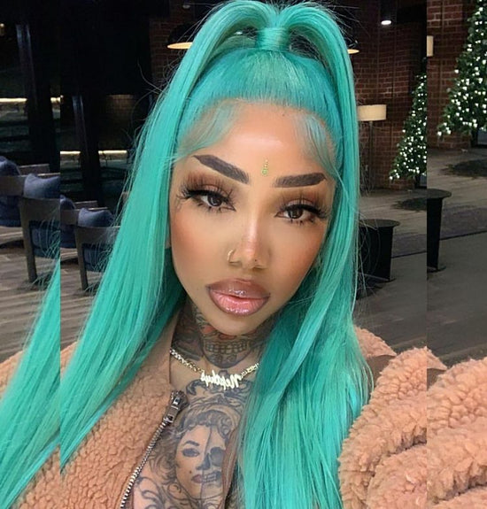 Megalook New Bluish Green Wig Straight/Wavy Side Part Wig For Black Woman Lace Frontal Human Hair Wigs