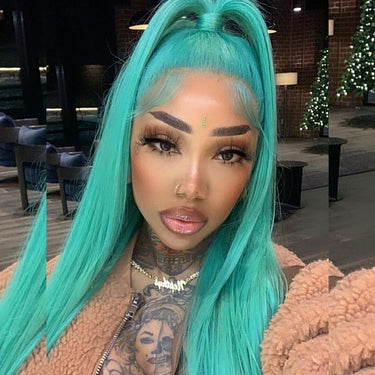 Megalook New Bluish Green Wig Straight/Wavy Side Part Wig For Black Woman Lace Frontal Human Hair Wigs