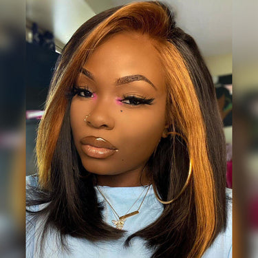 Megalook Bogo Free Black 13*4*1.5 T Part Bob Wig With Ginger Highlights In Front 12 14 Inch Human Hair