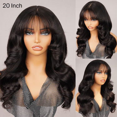 Medium Length Body Wave 99J Burgundy/#4 Brown Pre-cut Glueless Lace 5x5 Closure Wigs With Curtain Bangs Human Layered Hair Wigs