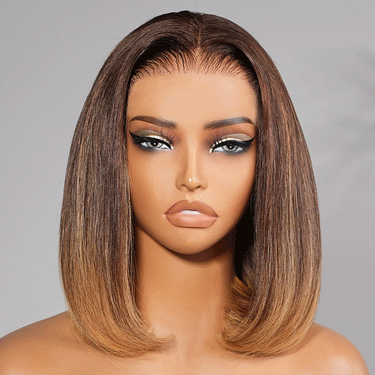Megalook Brown Ombre Short 13x5 Bob Lace Front Wig Straight 12 Inch With Pre-Cut C-Shape Ear & Elastic Drawstring