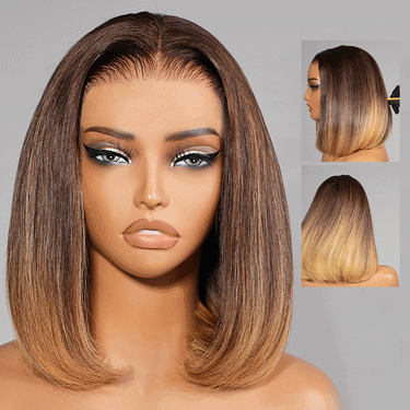 Megalook Brown Ombre Short 13x5 Bob Lace Front Wig Straight 12 Inch With Pre-Cut C-Shape Ear & Elastic Drawstring