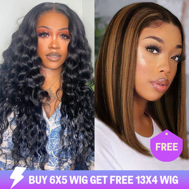 Limited-Time Offer-Pre-Cut Glueless 5x6 Lace Closure Loose Curly+13x4 Lace 1BP30 Bob Straight Wig