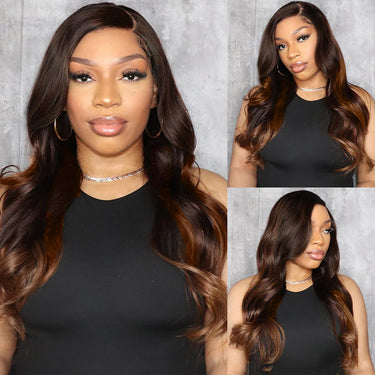 Chestnut Brown Ombre Body Wave Wig Model Show In Different Angles