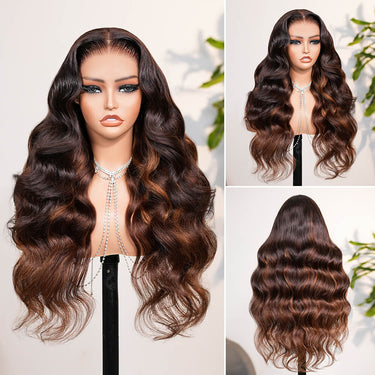 Chestnut Brown Ombre Body Wave Wig Real Show In Different Angles
