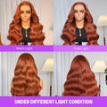 Dark Copper Ginger 13x6 Three Go Glueless Wig Under Different Light