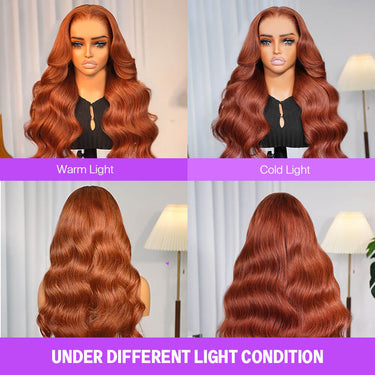 Dark Copper Ginger 13x6 Three Go Glueless Wig Under Different Light