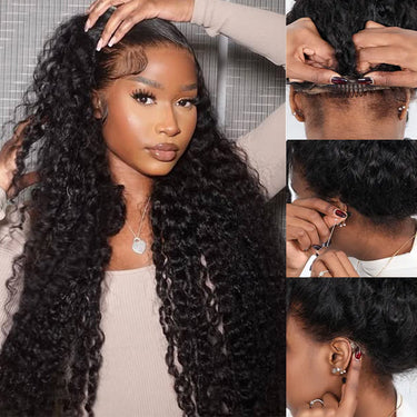 Megalook Deep Wave 360 Lace Frontal Wig Drawstring invisi-band Virgin Human Hair Wigs For Women Black