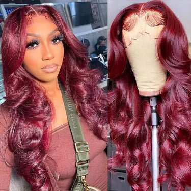 Megalook Bogo Free Transparent Straight/Body Wave Human Hair Wig Ombre Color Burgundy 1B99J Wig 180% Density