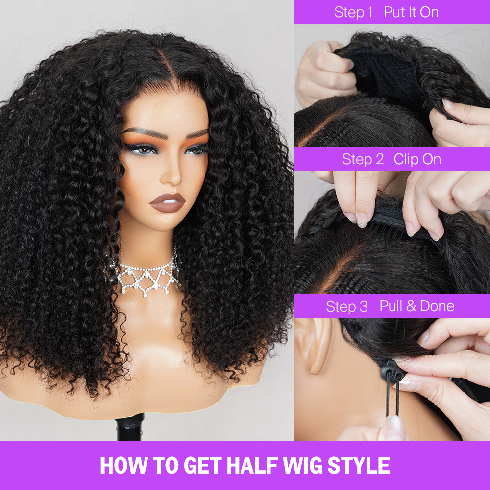 3 In 1 Half Wig Kinky Curl Wear & Go Drawsting Band No Glue Need