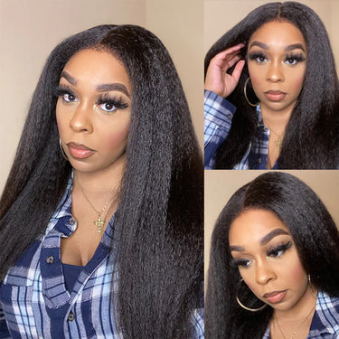 210% Density Thin V Part Wigs Glueless Kinky Straight Human Hair V Part Drawstring Wig No Leave Out